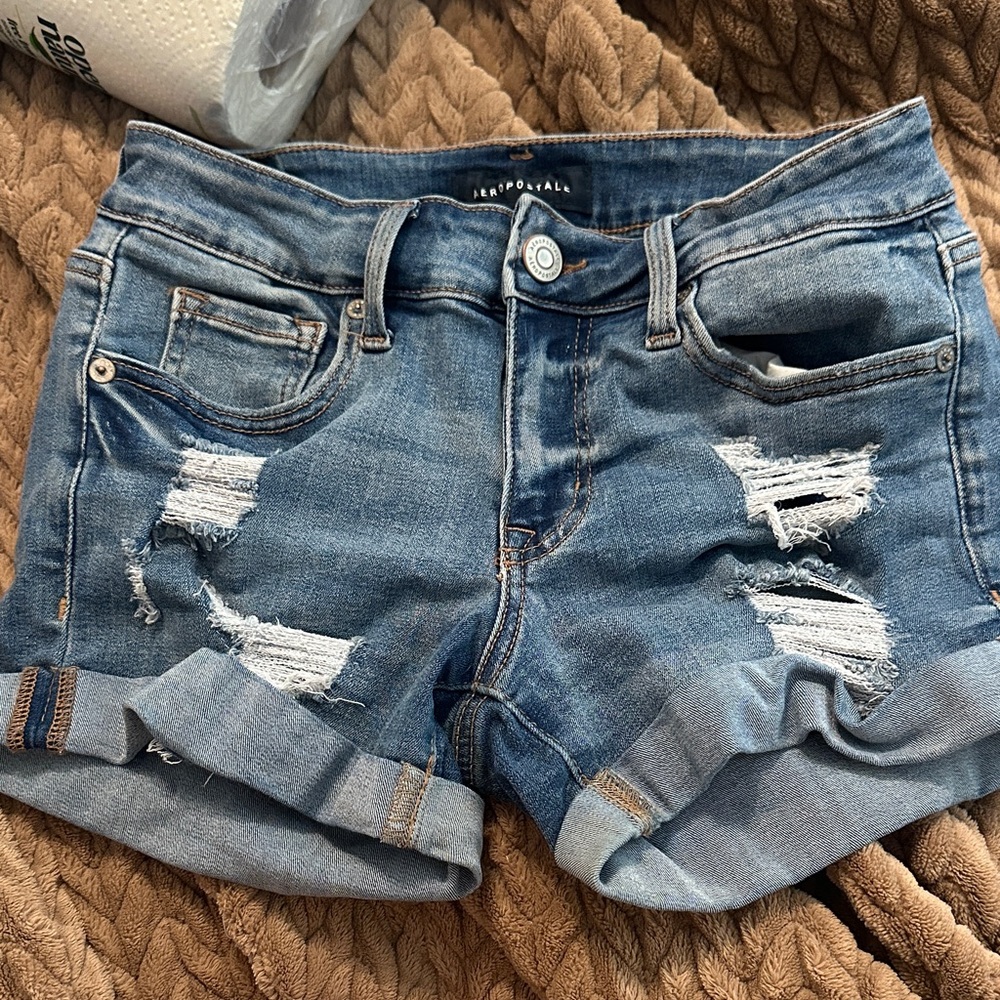 Aeropostale Women's Light Blue Distressed Roll-Cuff Jean Shorts